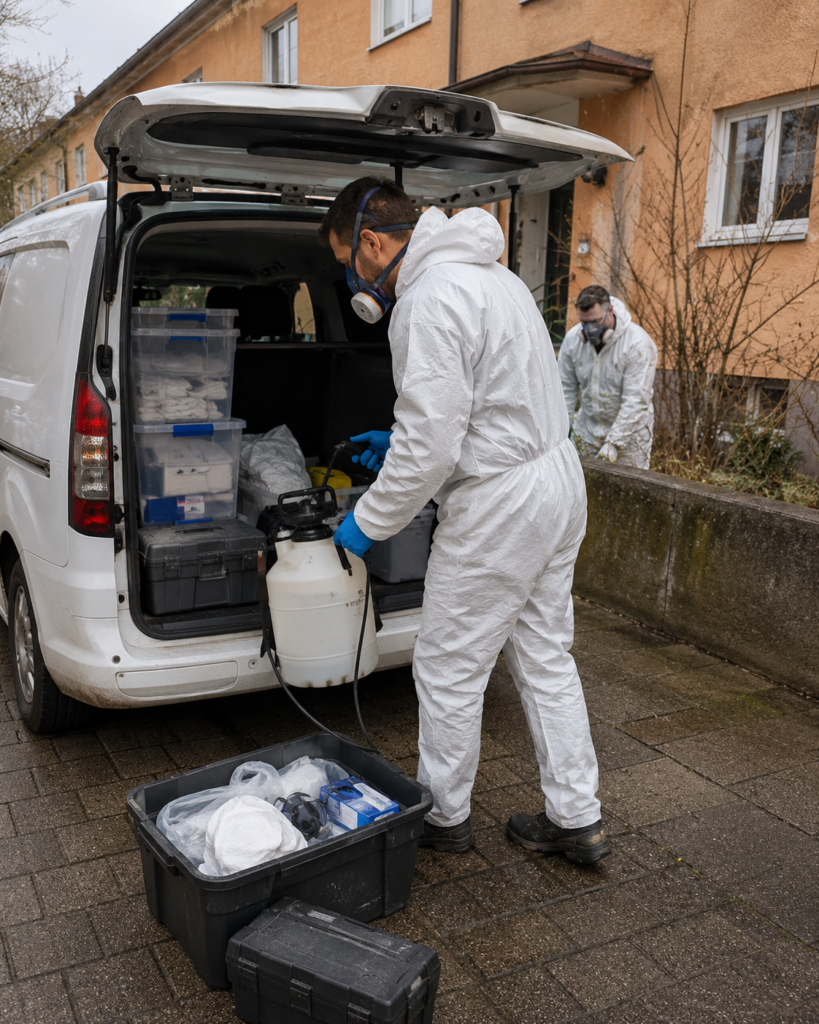Fachkraft lädt Ausrüstung für die Schimmelsanierung aus dem Servicefahrzeug